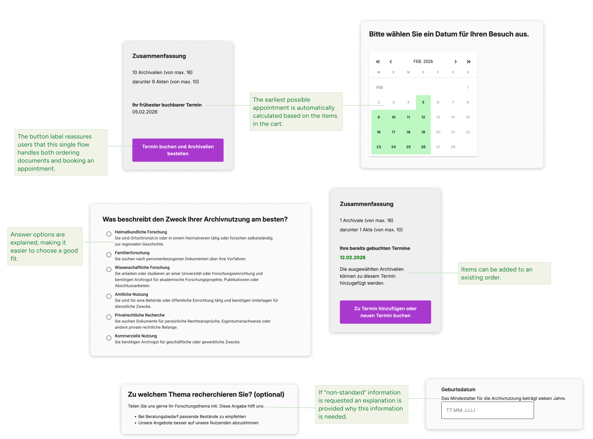 Detailed screenshots showing context-aware guidance in the checkout flow