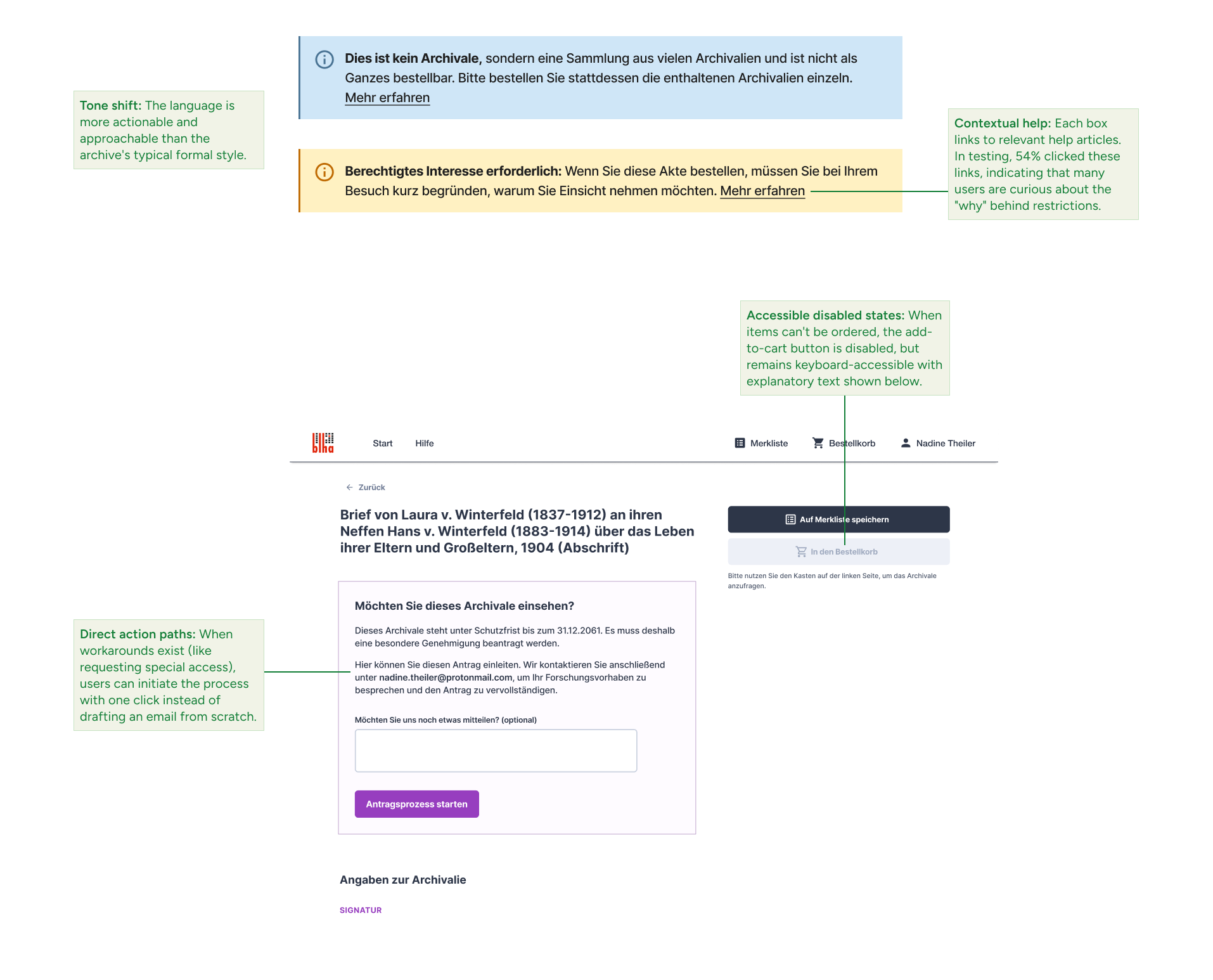 Detailed screenshots showing features of the boxes informing users about usage restrictions of certain items