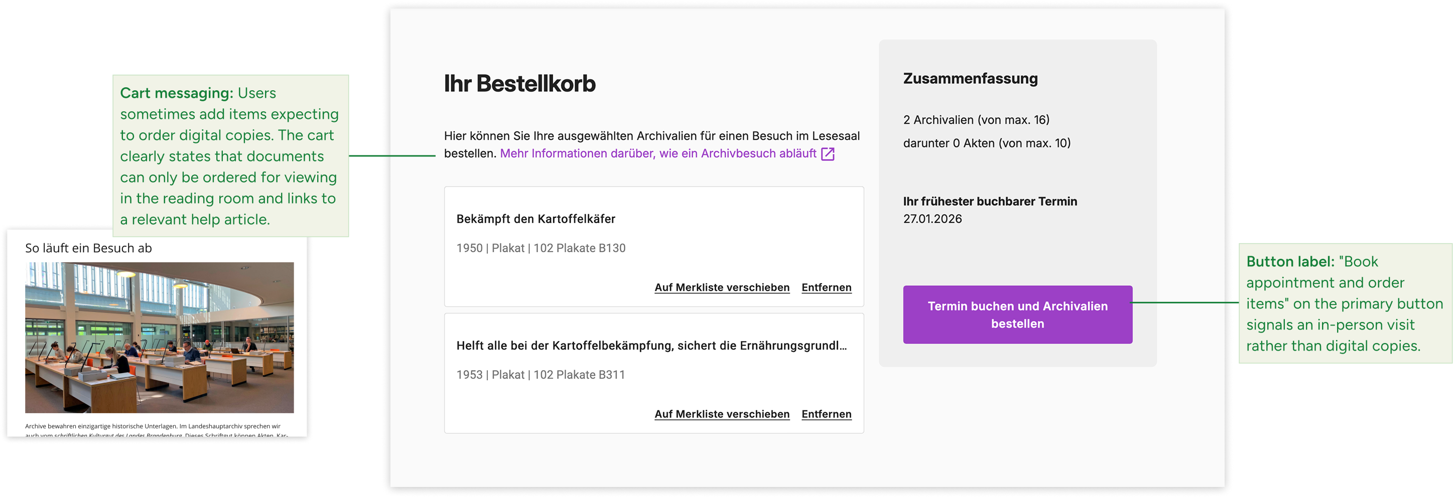 Detailed screenshots showing interventions to guide users towards in-person appointments as the default process