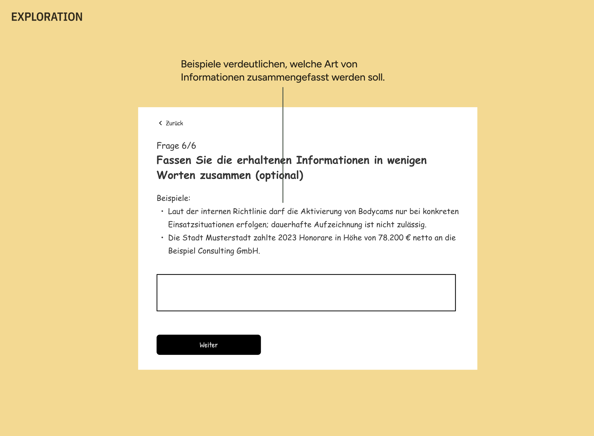 Exploration: Erneut ein Screenshot derselben Frage, nun aber ergänzt um konkrete Beispielantworten. Die Beispiele sollen verdeutlichen, welche Art von Information zusammengefasst werden soll.