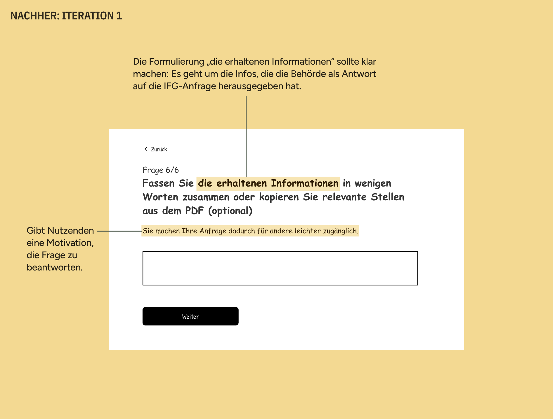 Nachher, Iteration 1: Screenshot eines Wireframes mit dem Titel „Fassen Sie die erhaltenen Informationen in wenigen Worten zusammen oder kopieren Sie relevante Stellen aus dem PDF (optional)“. In einer Anmerkung steht, dass die Formulierung „die erhaltenen Informationen“ klarstellen sollte, dass die von der Behörde herausgegebenen Infos gemeint sind.